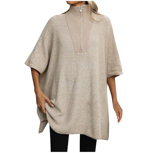 Women Quarter Zip Poncho Sweater Turtleneck Cape Knit